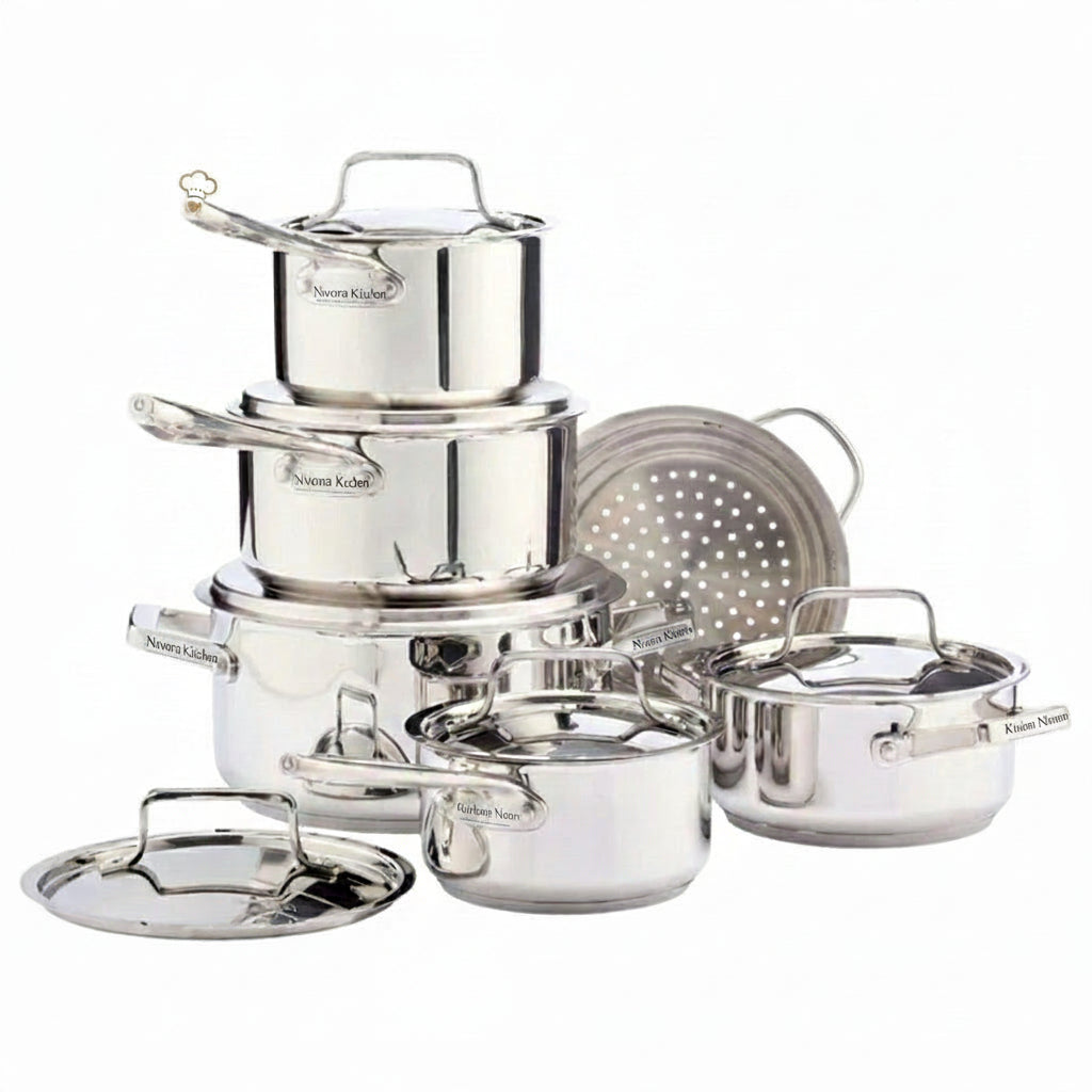 Nuvora Kitchen Signature 12-Piece Stainless Steel Cookware Set – Aluminum Core, Induction Compatible
