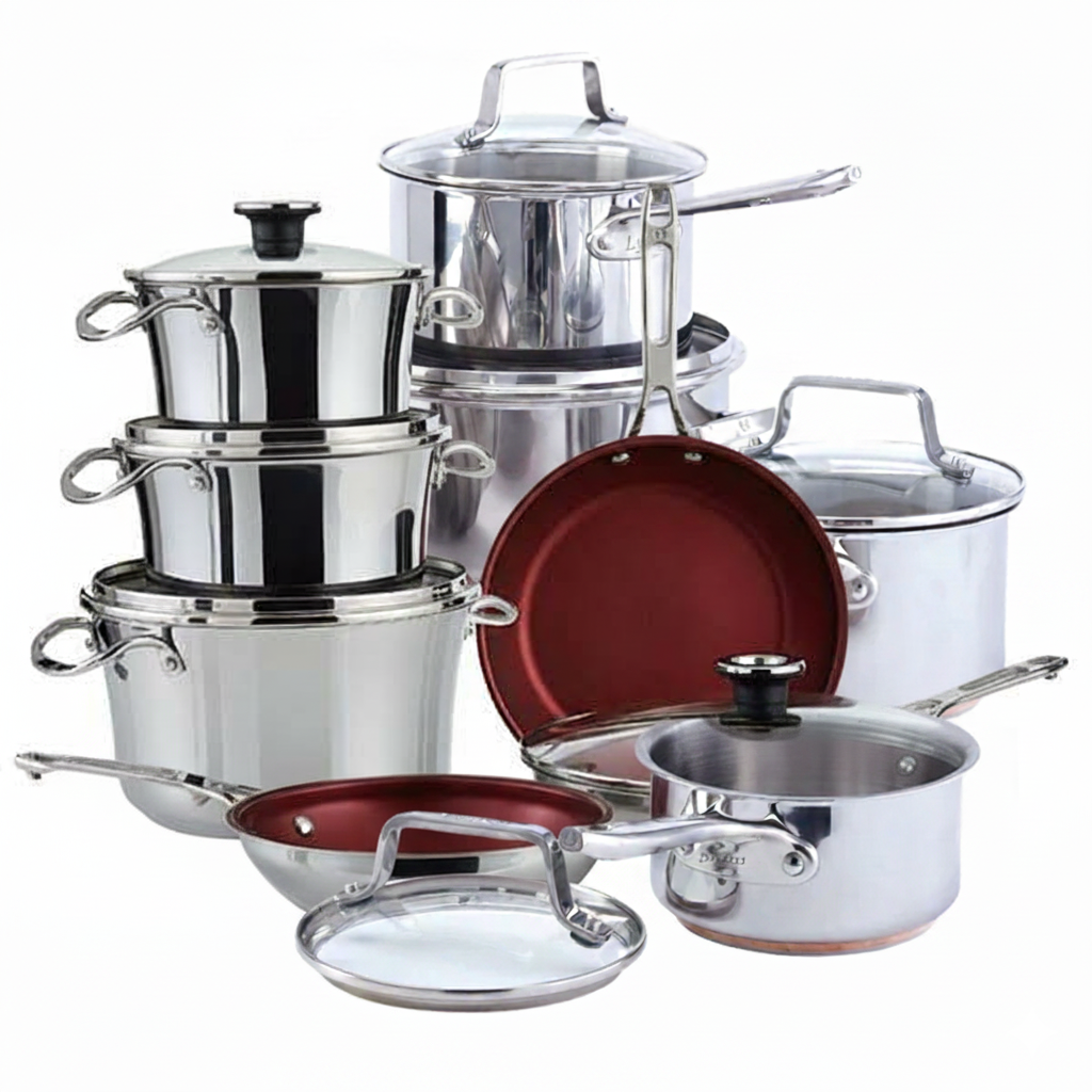 Nuvora Kitchen Signature 10-Piece Stacking Stainless Steel Cookware Set – Aluminum Base, Induction Compatible