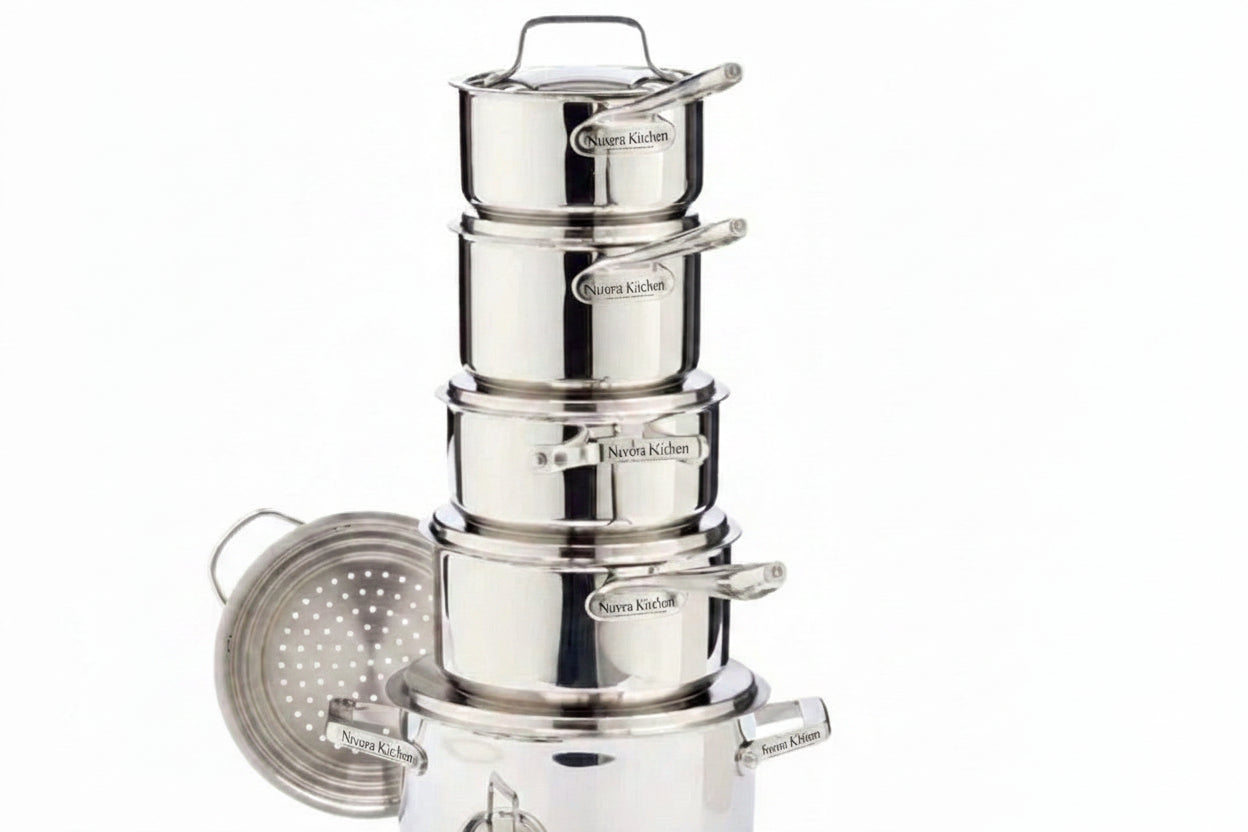 Nuvora Kitchen Signature 12-Piece Stainless Steel Cookware Set – Aluminum Core, Induction Compatible